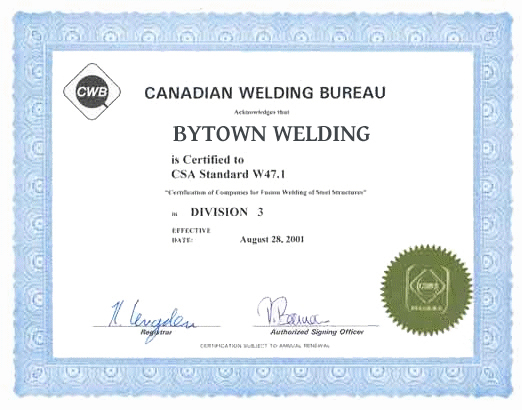Bytwon Welding Certification by Canadian Welding Board